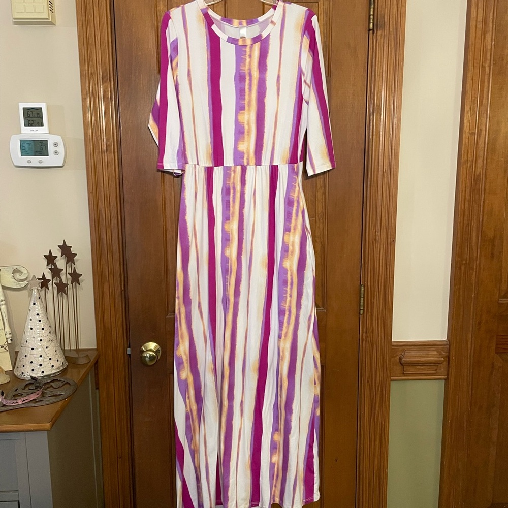Jules & James Striped Multicolor Soft Maxi Dress‎ w/Pockets, Size Large